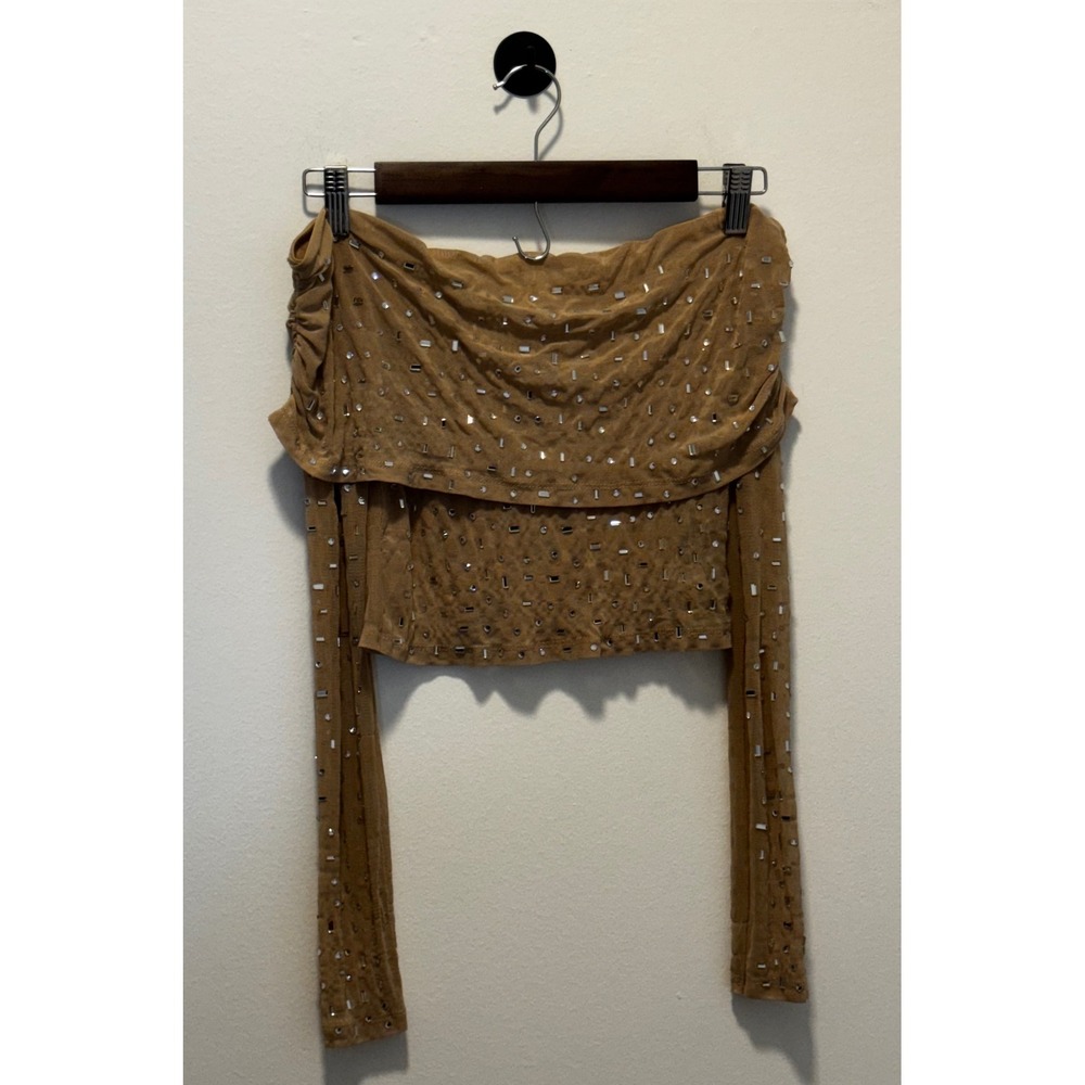 Shein Tan Mesh Rhinestone Off The Shoulder Long Sleeve Crop Top Womens Medium